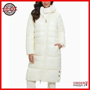 Women's Long Puffer Hoodie Coat with Snap Vents, Down Jacket